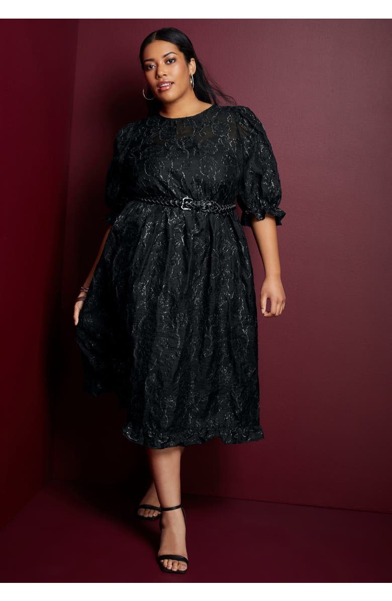 June + Vie Metallic Jacquard Dress, Alternate, color, Black Onyx