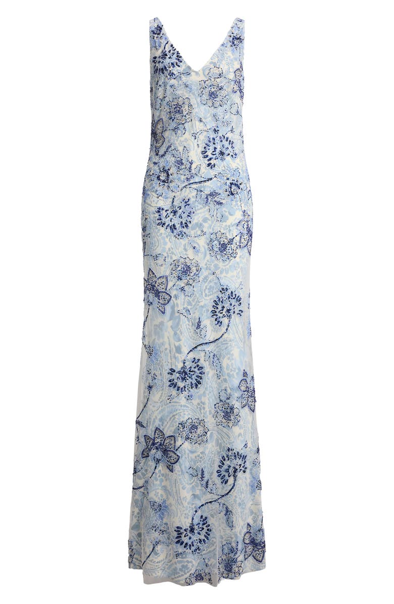 Lauren Ralph Lauren Beaded Floral Mesh Gown, Alternate, color, Blue/ Multi