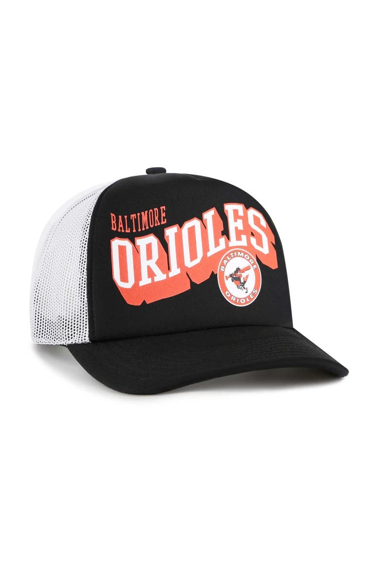 Men's '47 Black Baltimore Orioles Meander Foam Trucker Snapback Hat, Alternate, color, Black