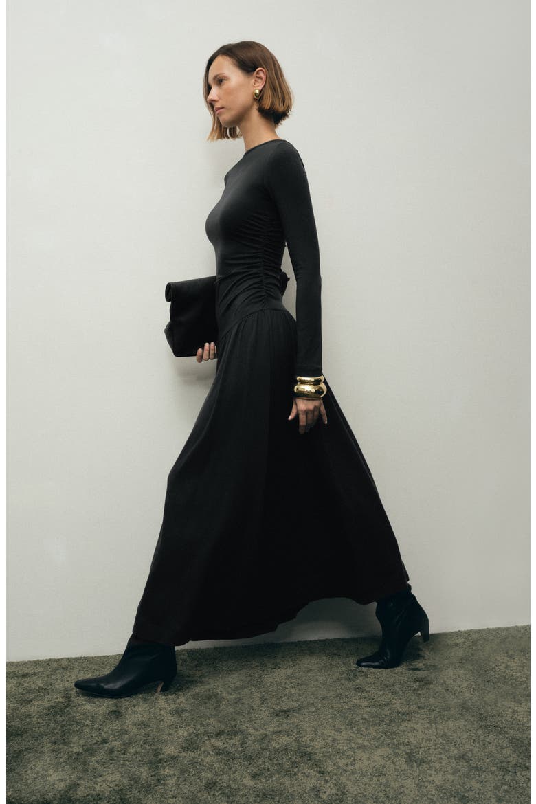 Lumi Ruched Drop Waist Midi Dress, Alternate, color, BLACK