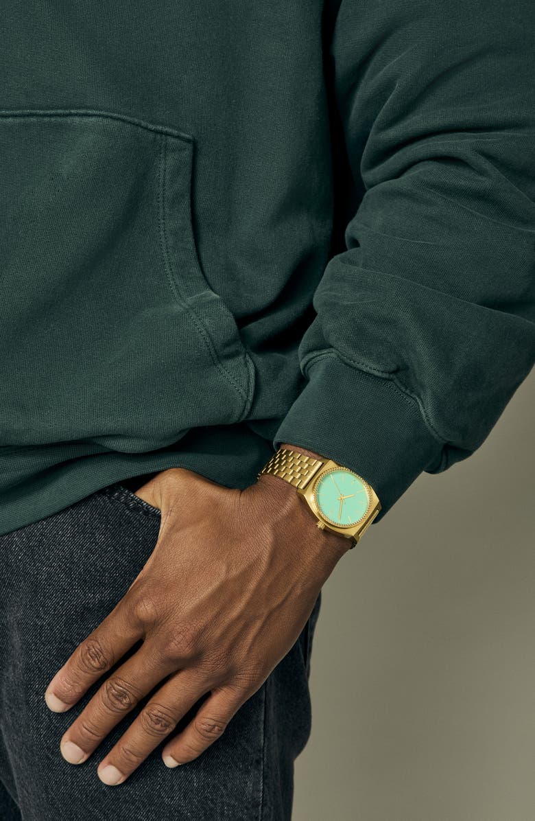 Nixon The Time Teller Turquiose Dial Goldtone Bracelet Watch, 36mm, Alternate, color, Gold / Turquoise / Gold