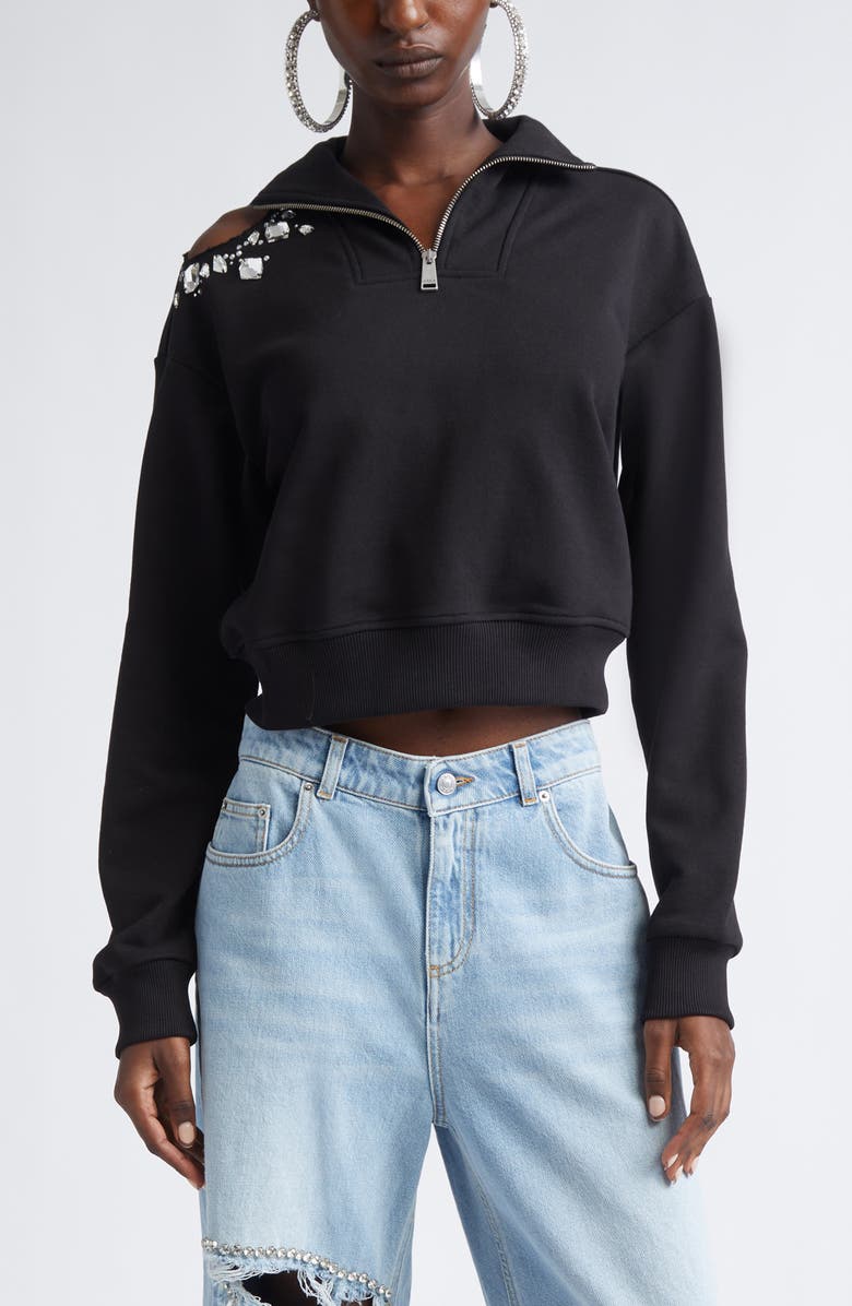 Area Crystal Cluster Cutout Quarter Zip Sweatshirt, Main, color, Black