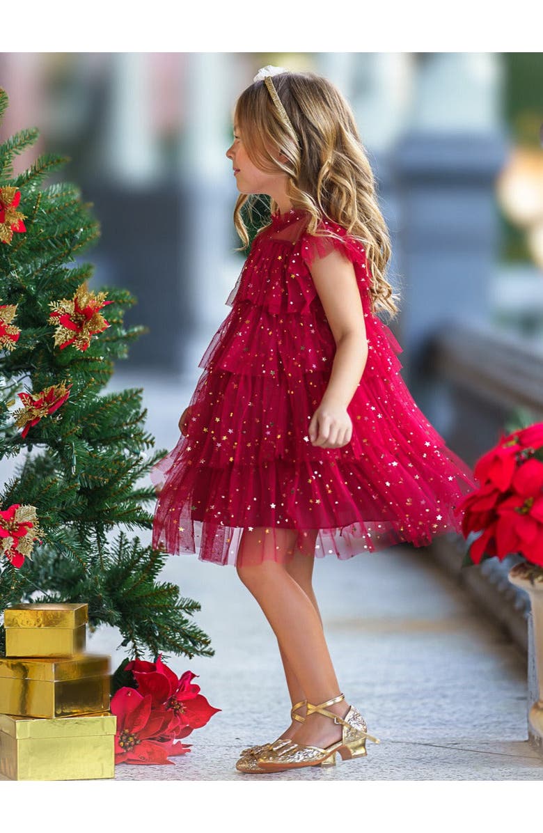Mia Belle Girls Dancing Star Sequin Tiered Tulle Dress, Alternate, color, Red