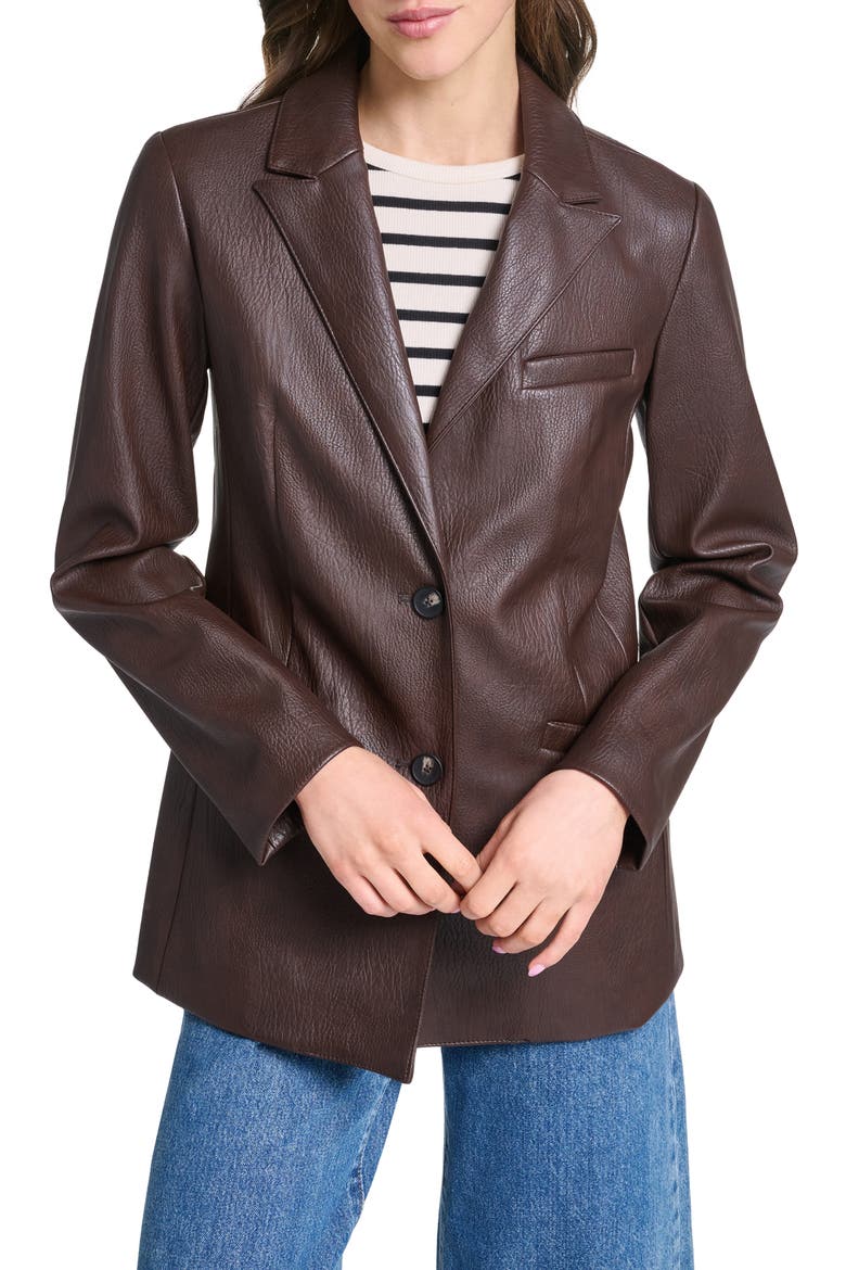 Faux Leather Blazer, Main, color, DARK BROWN