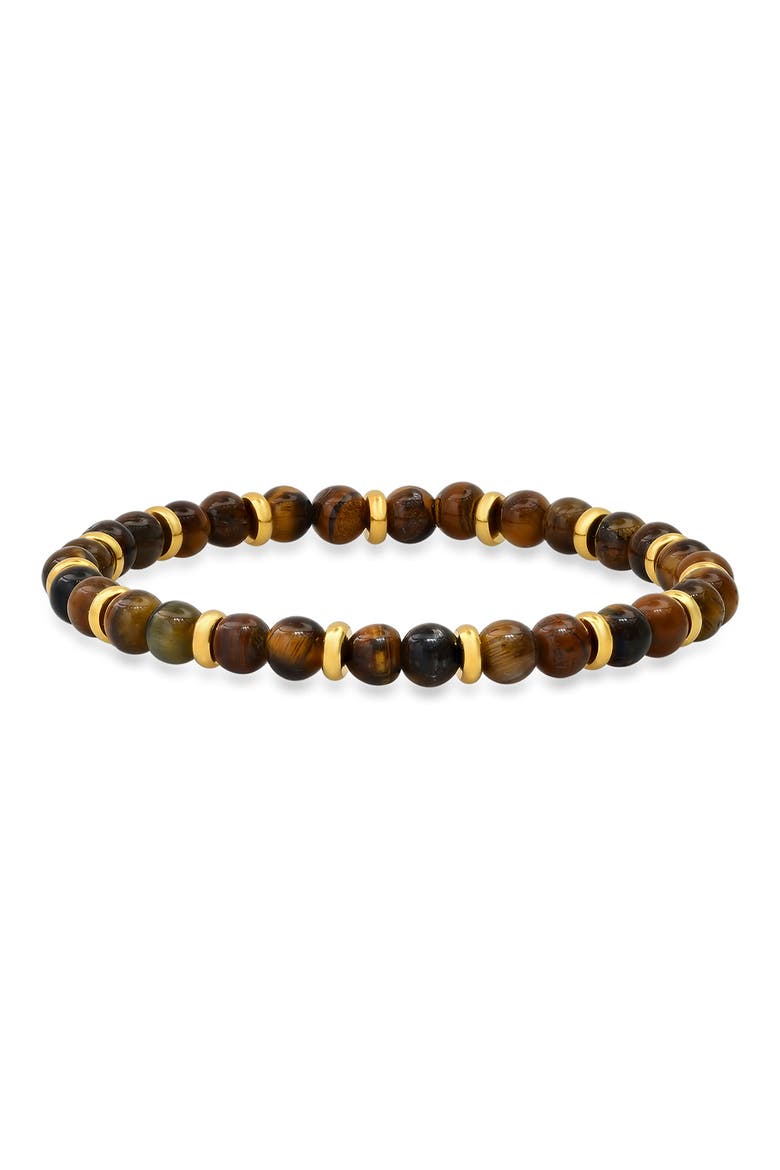 Men's 18K Gold Plated Tiger's Eye Beaded Stretch Bracelet, Main, color, BROWN/ YELLOW