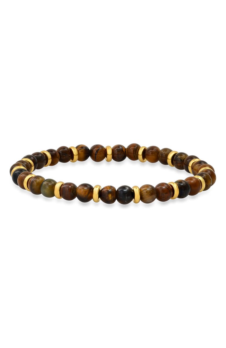 HMY JEWELRY Men's 18K Gold Plated Tiger's Eye Beaded Stretch Bracelet, Main, color, Brown/ Yellow