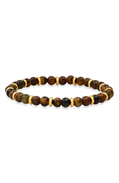 Men's 18K Gold Plated Tiger's Eye Beaded Stretch Bracelet