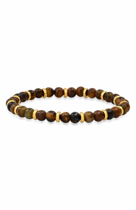 HMY JEWELRY Men's 18K Gold Plated Tiger's Eye Beaded Stretch Bracelet