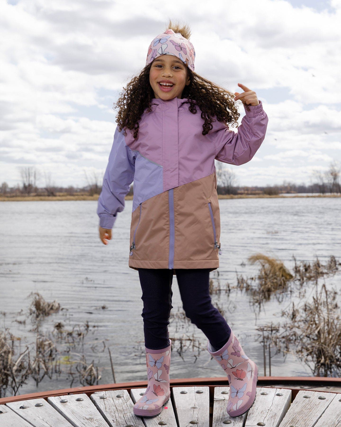 Deux par Deux Waterproof Butterfly Rain Boots in Natural Rubber, Alternate, color, Pink Butterfly Print