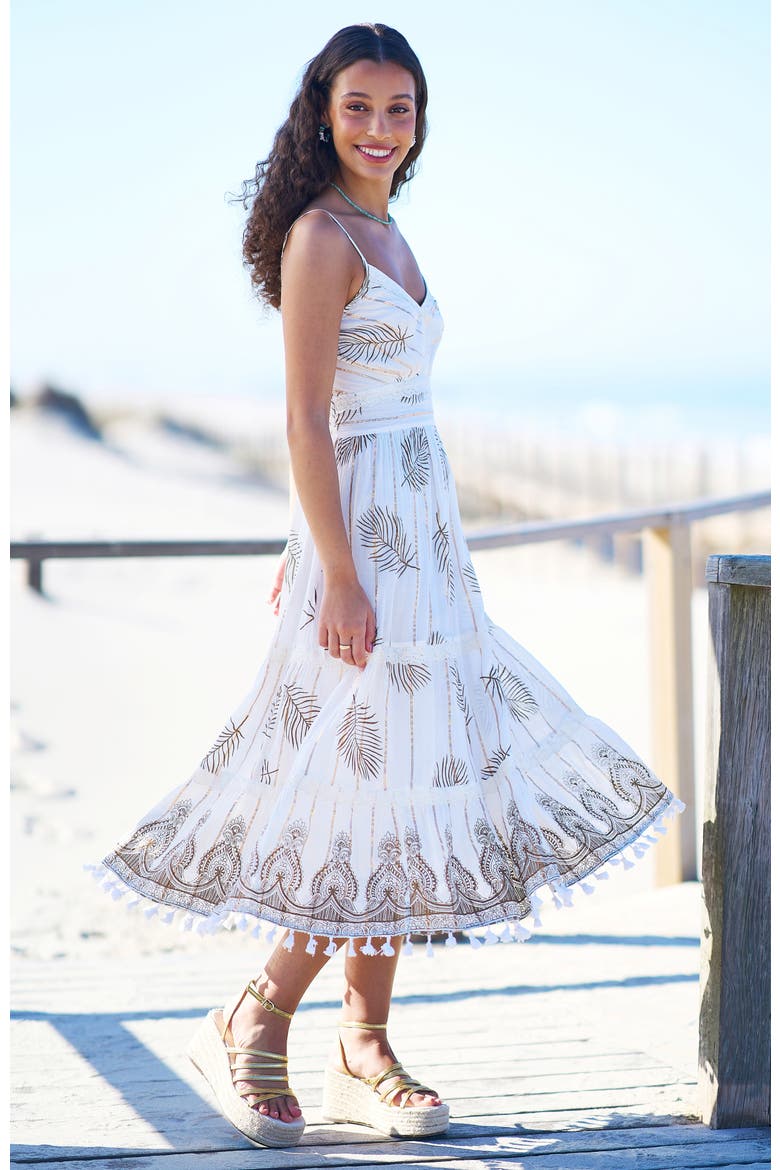 Foil Print Lace Trim Midi Sun Dress, Alternate, color, Ivory