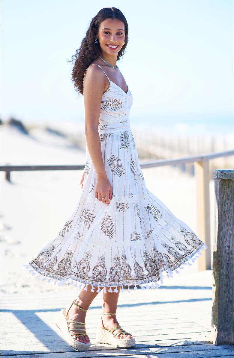 Yumi Foil Print Lace Trim Midi Sun Dress, Alternate, color, Ivory
