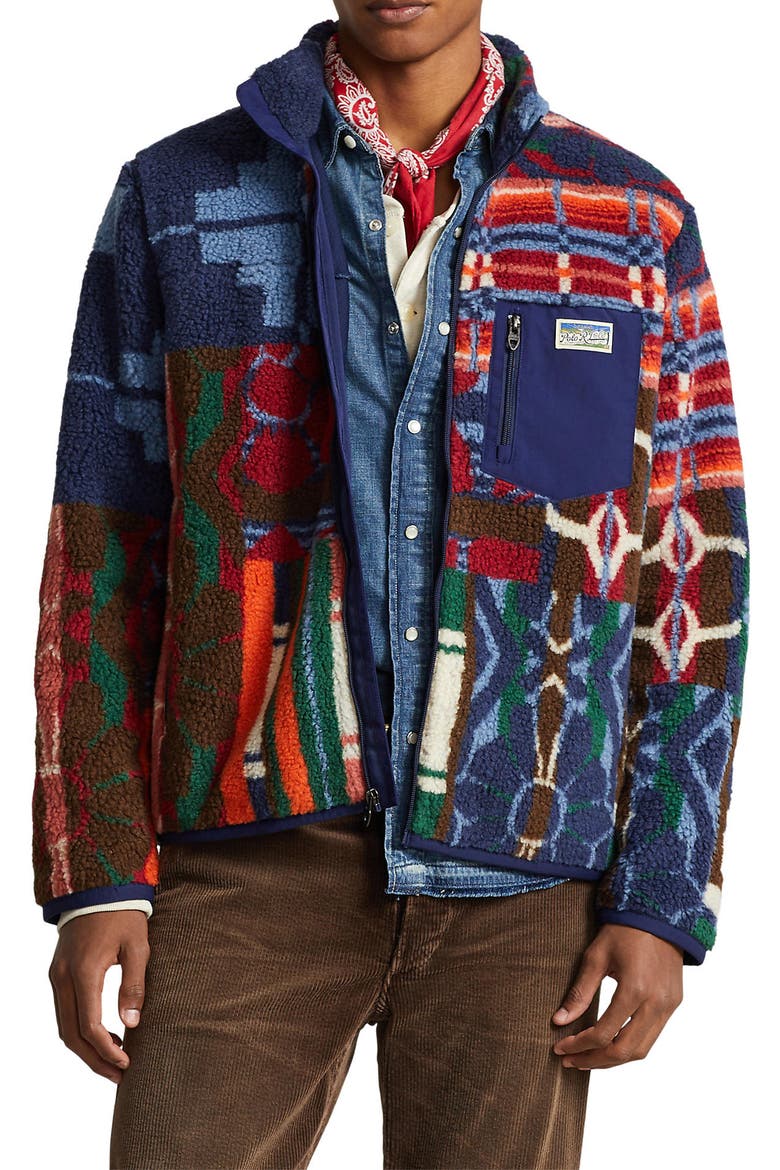 High Pile Jacquard Fleece Zip Jacket, Main, color, PINELODGE PATCHWORK