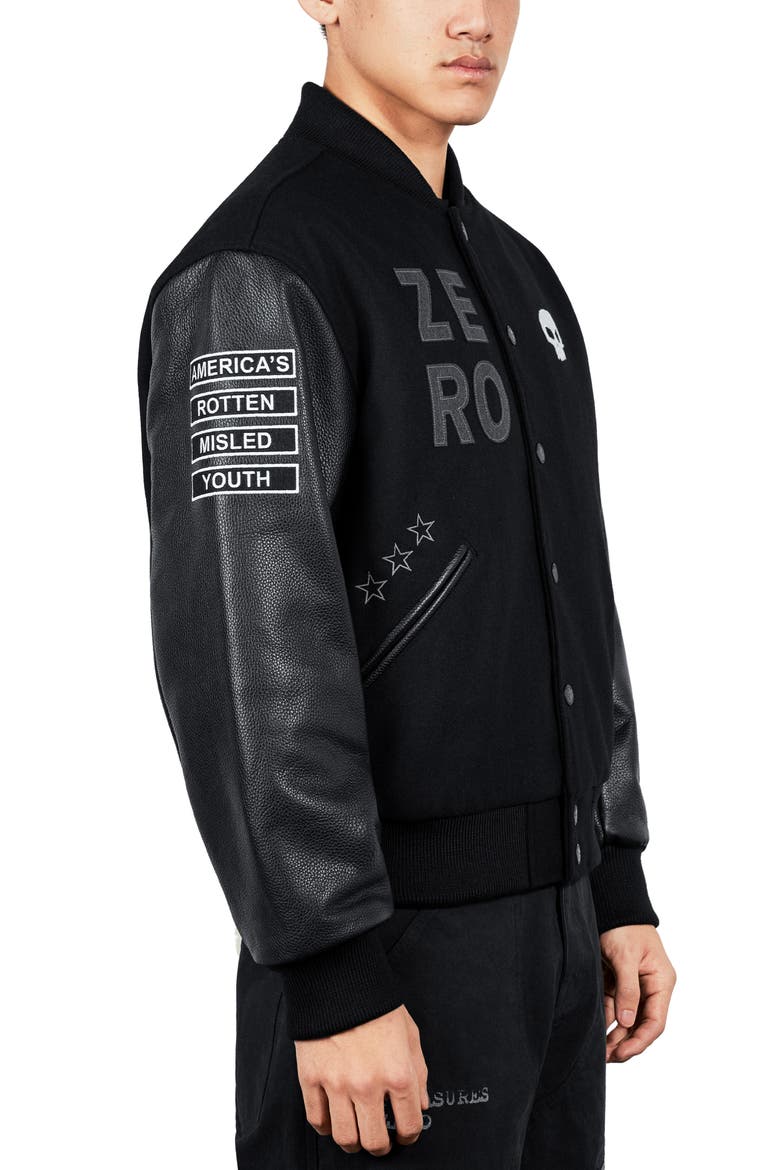 X Zero Skateboards Pleasures Varsity Jacket, Alternate, color, BLACK
