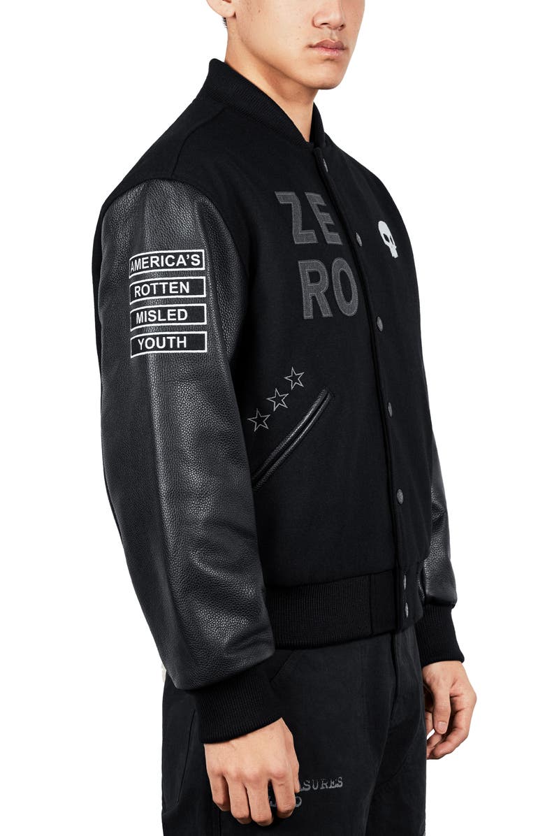 PLEASURES Zero Pleasures Varsity Jacket, Alternate, color, Black
