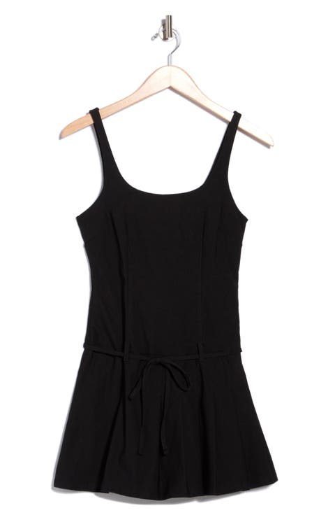 Square Neck Pleated Drop Waist Minidress