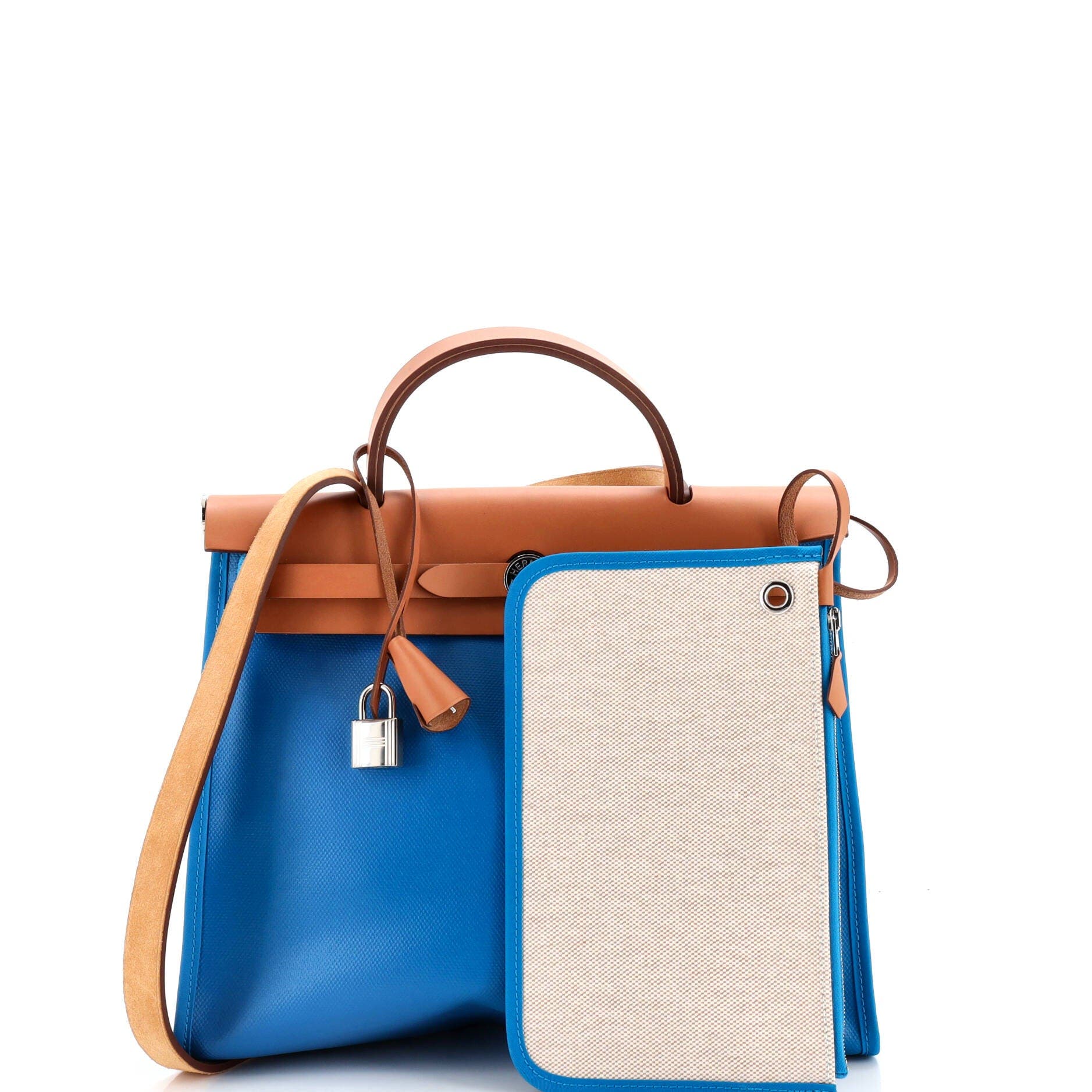 Pre-Owned Hermes Herbag Zip Leather and Toile 31, Alternate, color, Bleu Frida