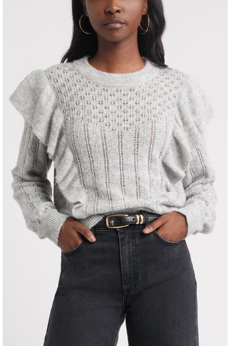 Ruffle Pointelle Sweater, Main, color, GREY HEATHER