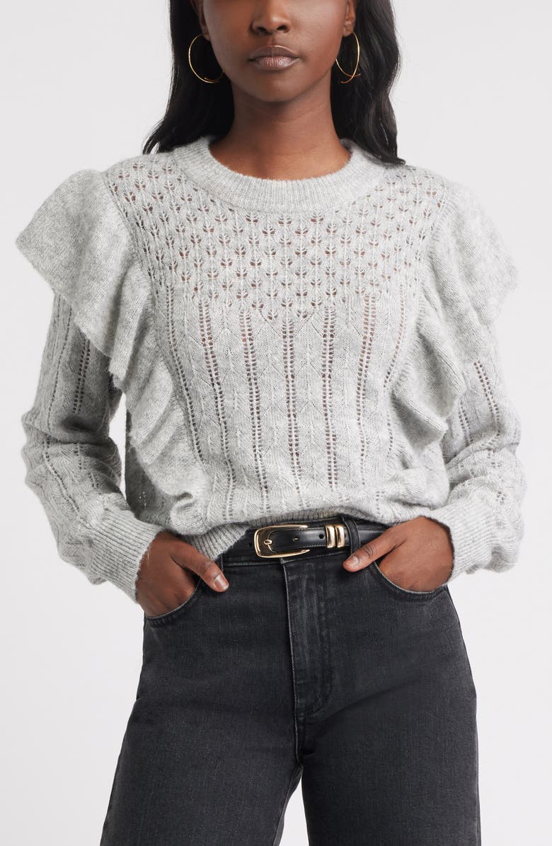 Treasure & Bond Ruffle Pointelle Sweater, Main, color, Grey Heather