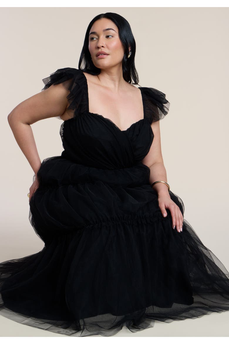 Flutter Sleeve Tulle Midi Dress, Alternate, color, BLACK ONYX