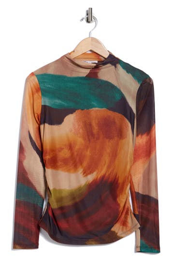 Dr2 By Daniel Rainn Long Sleeve Mesh Mock Neck Top In Brown