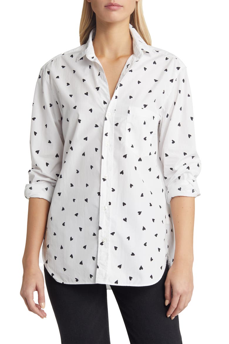 Joedy Heart Print Cotton Button-Up Shirt, Main, color, WHITE W/ BLACK HEARTS