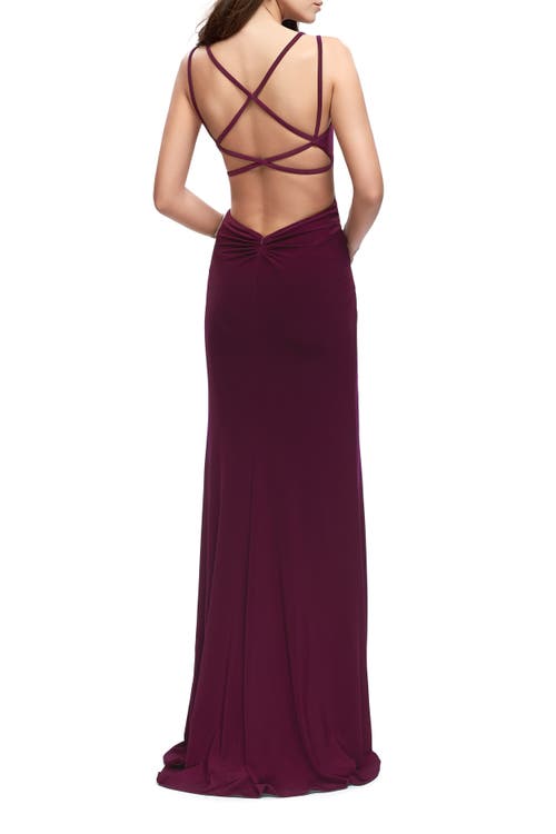 La Femme Long Classic Prom Dress With Side Leg Slit And Deep V In Purple