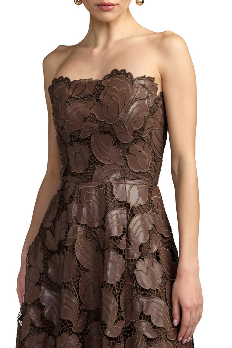 Strapless Floral Leather A-Line Midi Dress, Alternate, color, Chocolate