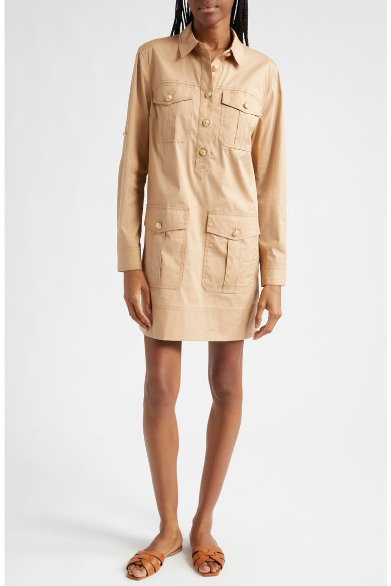Saude Long Sleeve Stretch Cotton Dress, Main, color, KHAKI