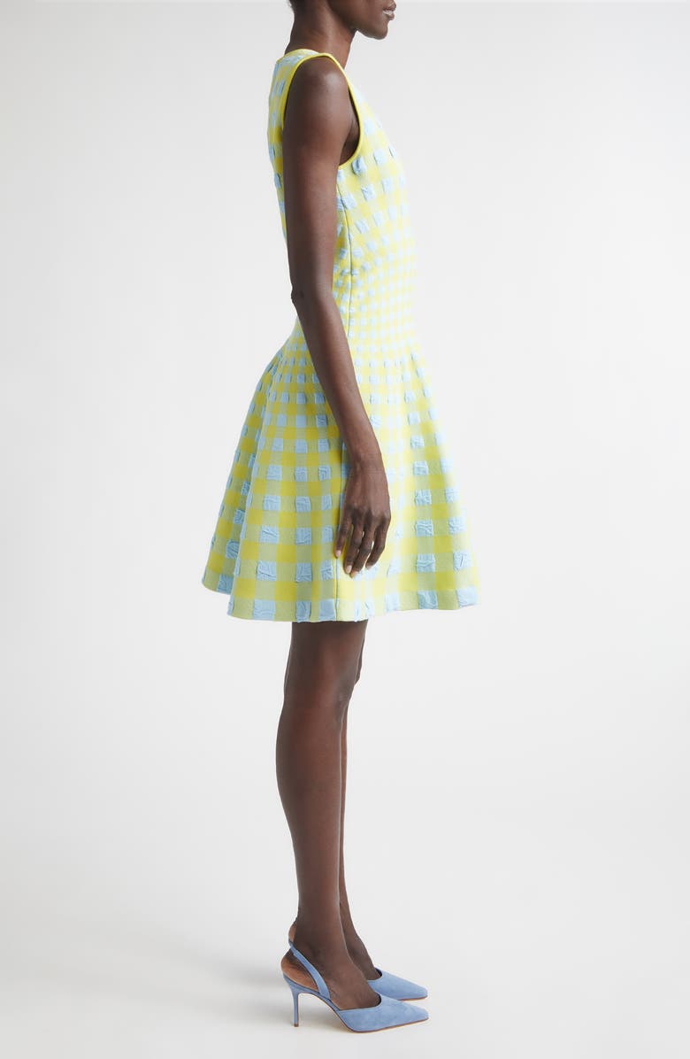 Oscar de la Renta Gingham Check Jacquard Fit & Flare Sweater Dress, Alternate, color, Cerulean/ Pear