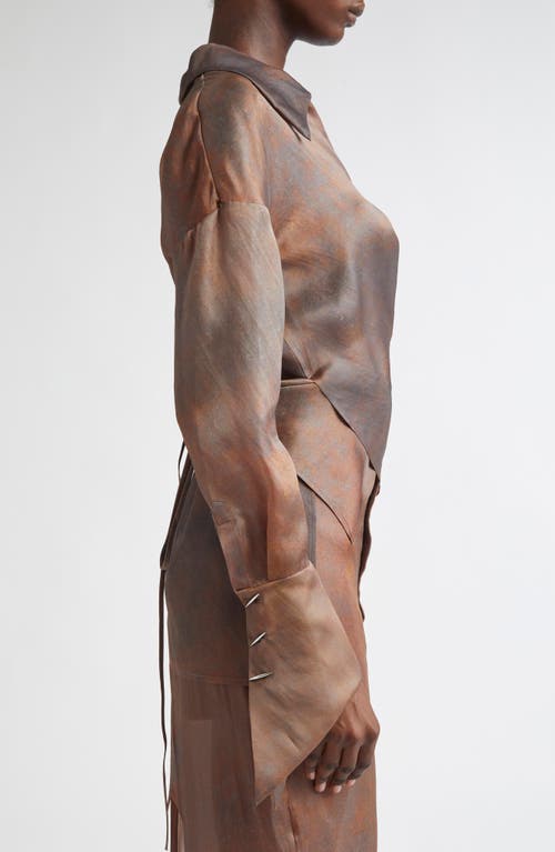 Grace Ling Stitches Convertible Silk Organza Wrap Shirt In Rust Brown