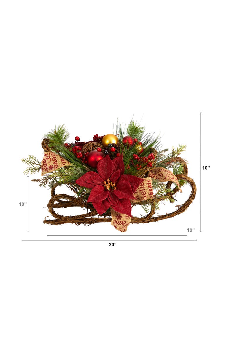 NEARLY NATURAL 18-in Christmas Sleigh with Poinsettia, Berries and Pinecone Artificial Arrangement with Ornaments, Alternate, color, Green/Red