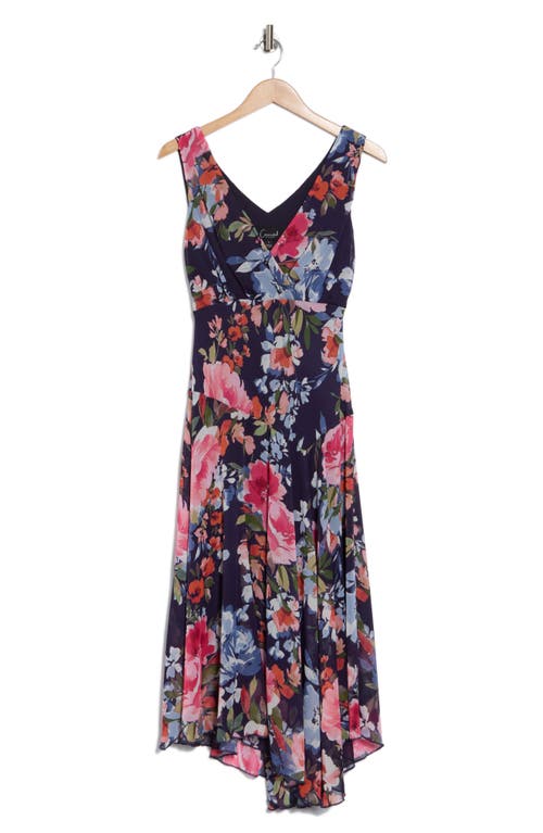 Connected Apparel Chiffon Asymmetric Midi Dress In Navy