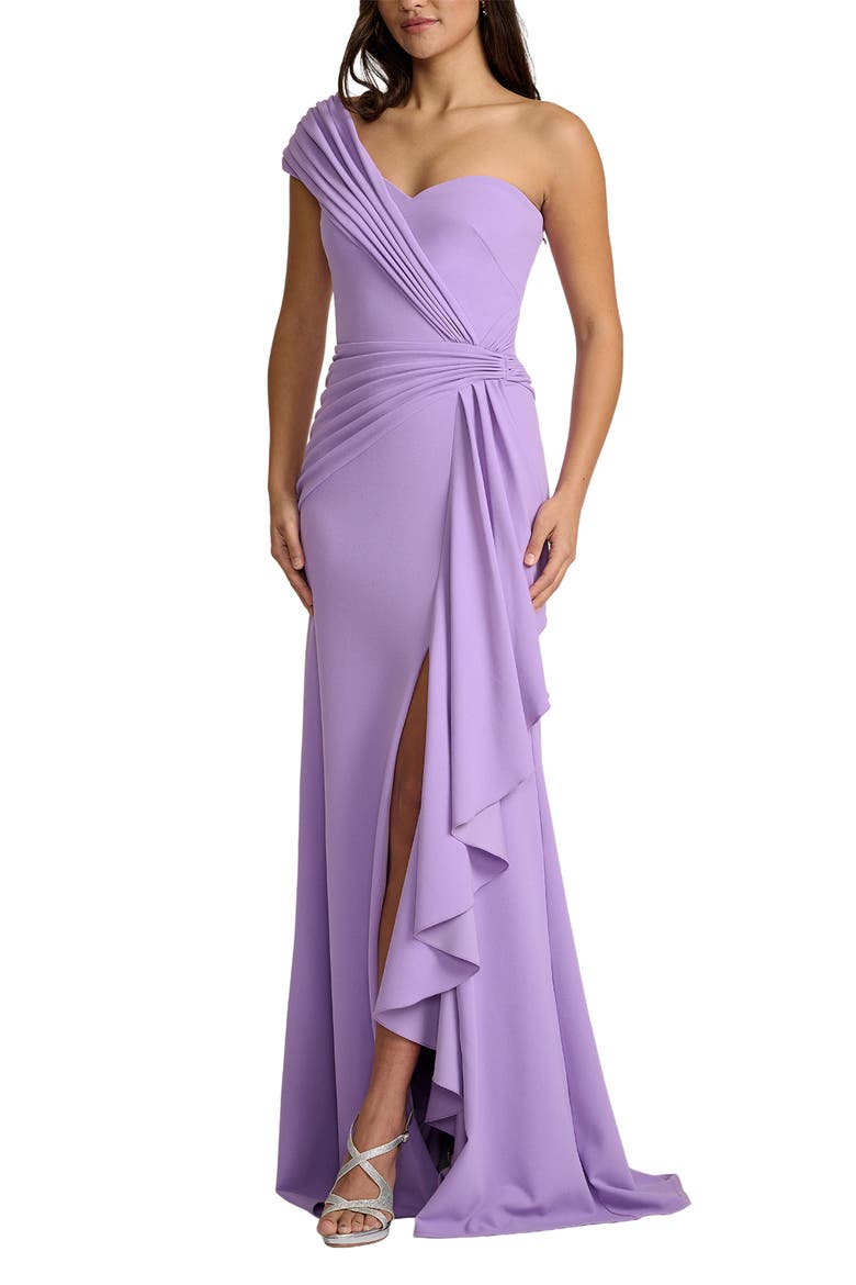 Ruffle One-Shoulder Crepe Gown, Main, color, PURPLE HAZE