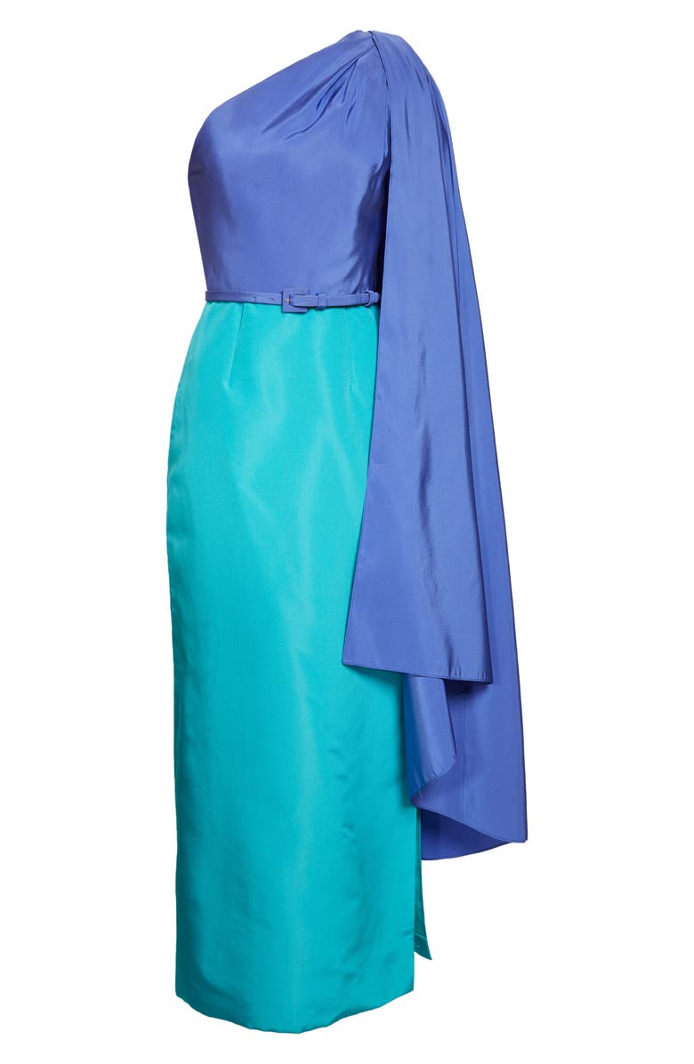 Carolina Herrera Colorblock Belted Silk Faille Gown with Detachable Cape Sleeve, Alternate, color, Turquoise Multi