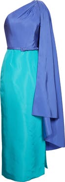 Carolina Herrera Colorblock Belted Silk Faille Gown with Detachable Cape Sleeve