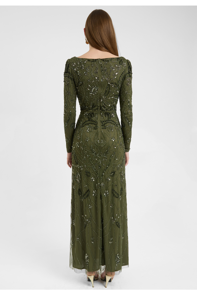 Modest Embellished Sequin Beaded Dress Maxi With Wide Neck, Alternate, color, OLIVE