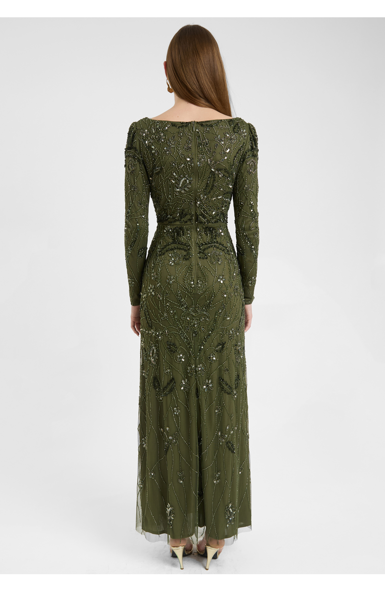 MARYISA Modest Embellished Sequin Beaded Dress Maxi With Wide Neck, Alternate, color, Olive