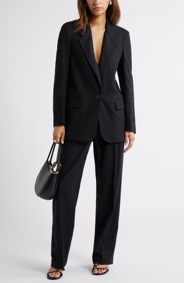 Open Edit Everyday One-Button Linen Blend Blazer, Alternate, color, Black