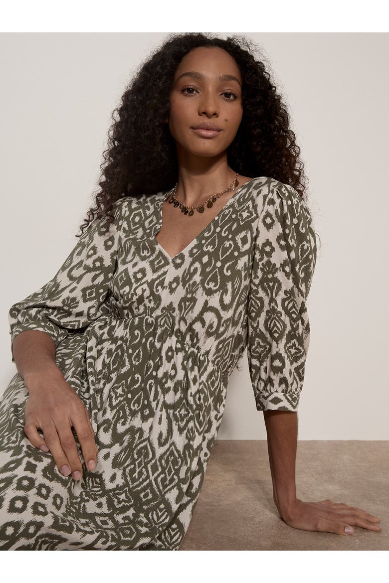 Ikat V-Neck 3/4 Sleeve Midi Dress, Alternate, color, Khaki