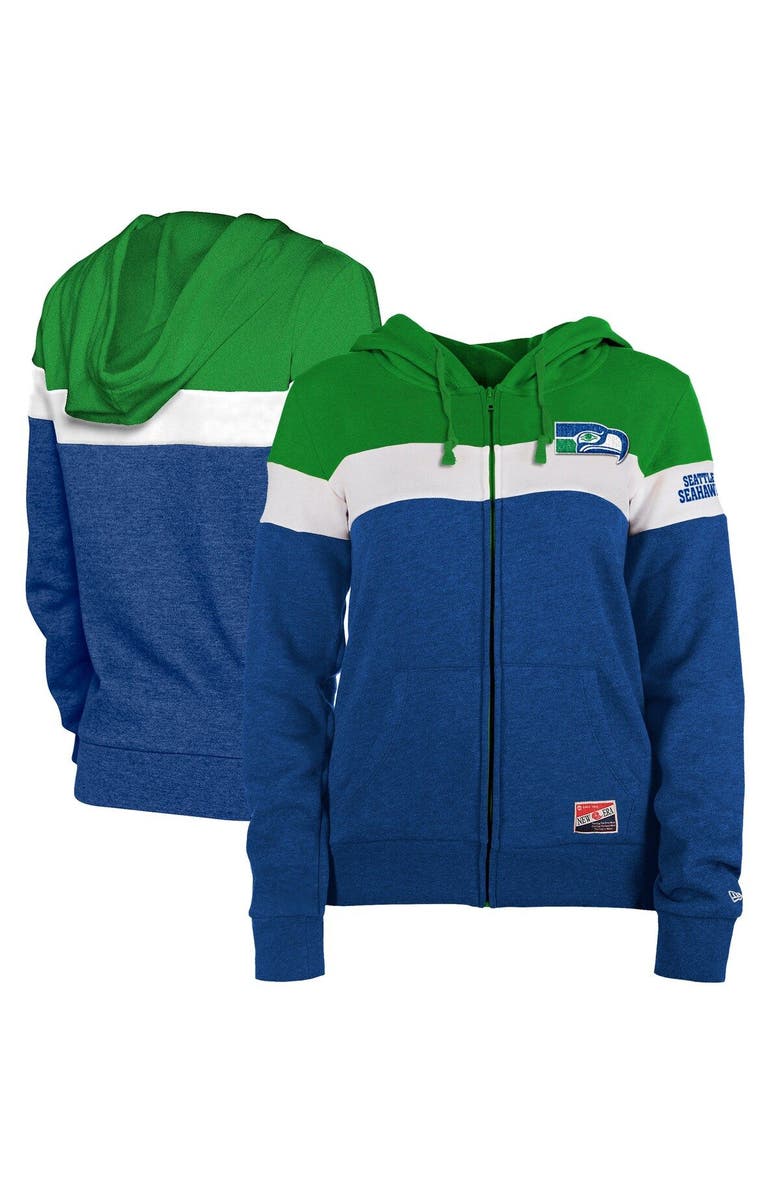 New Era Women's New Era College Navy/Neon Green Seattle Seahawks Throwback Colorblock Full-Zip Hoodie, Main, color,