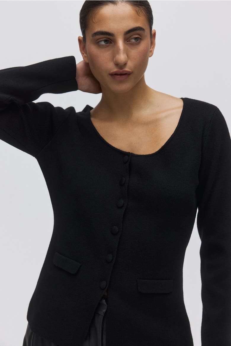 Scoop-neck Rib-knit Cardigan, Main, color, Black