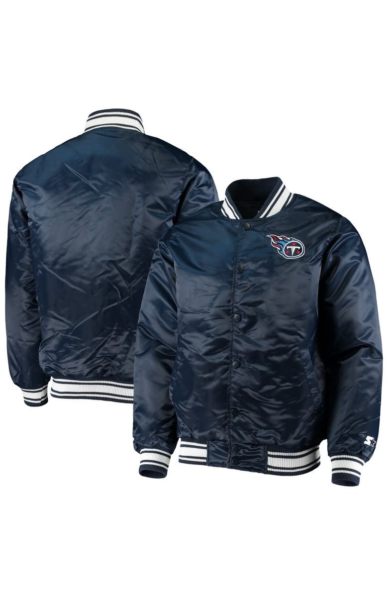 STARTER Men's Starter Navy Tennessee Titans Locker Room Satin Varsity Full-Snap Jacket, Alternate, color, Navy