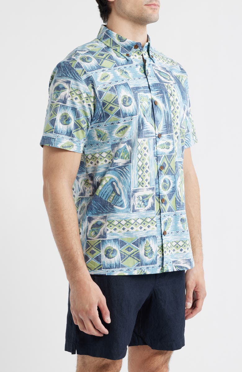 Kahala King's Shells Short Sleeve Cotton Button-Down Shirt, Alternate, color, Ocean Blue