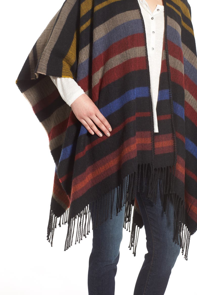 Treasure&Bond Fringed Stripe Poncho, Alternate, color, BLACK COMBO