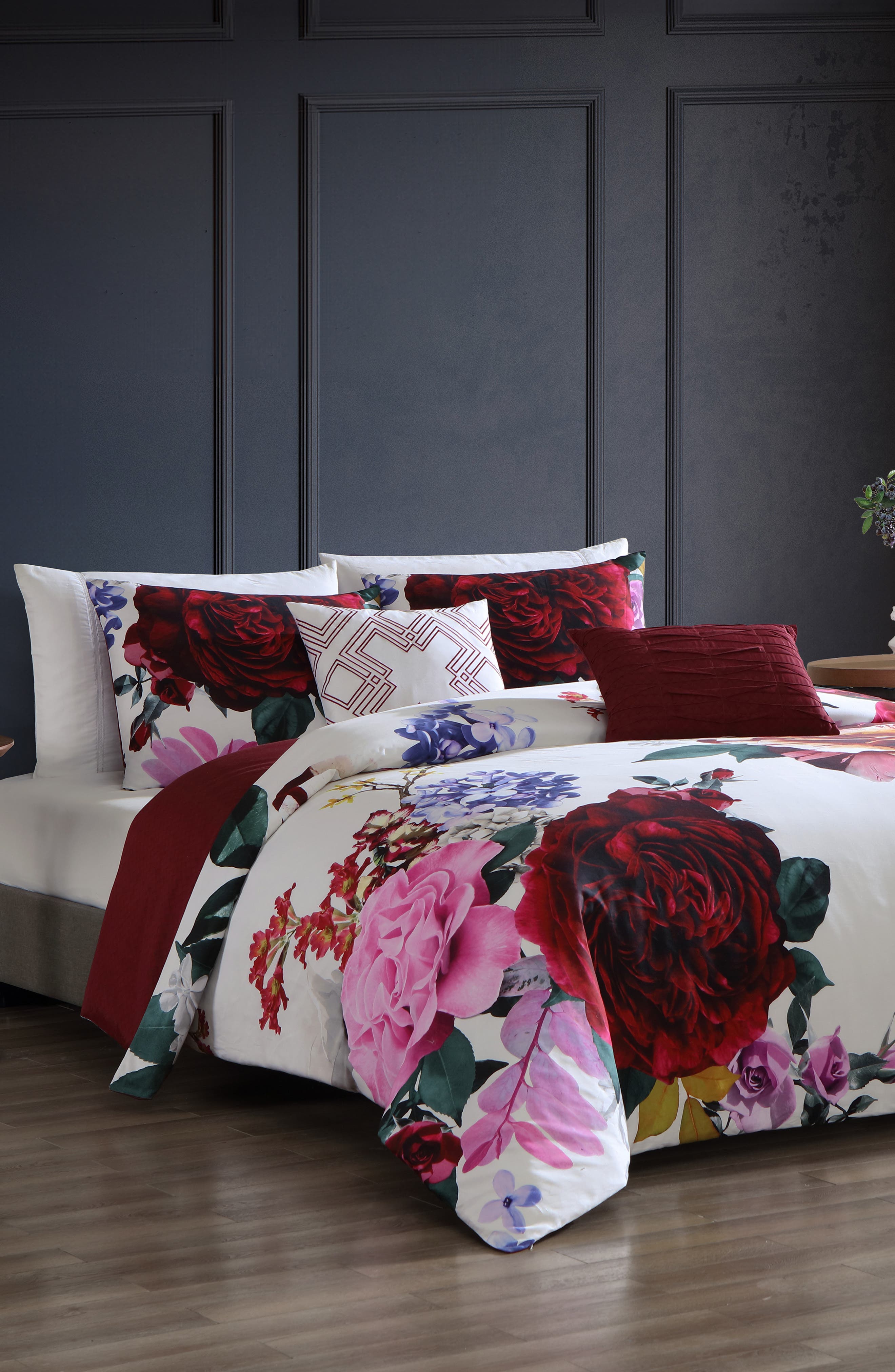 Bebejan Magenta Floral Print 5-Piece Cotton Reversible Comforter Set