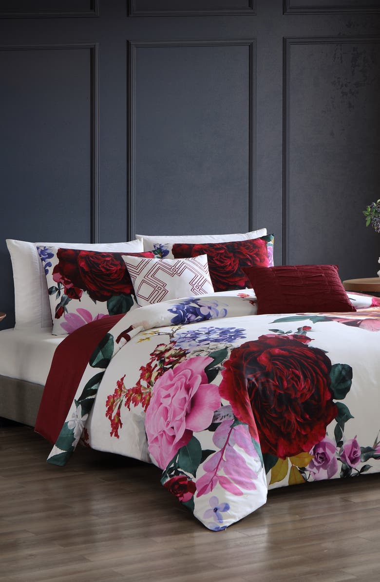 Bebejan Magenta Floral Print 5-Piece Cotton Reversible Comforter Set, Main, color, Red