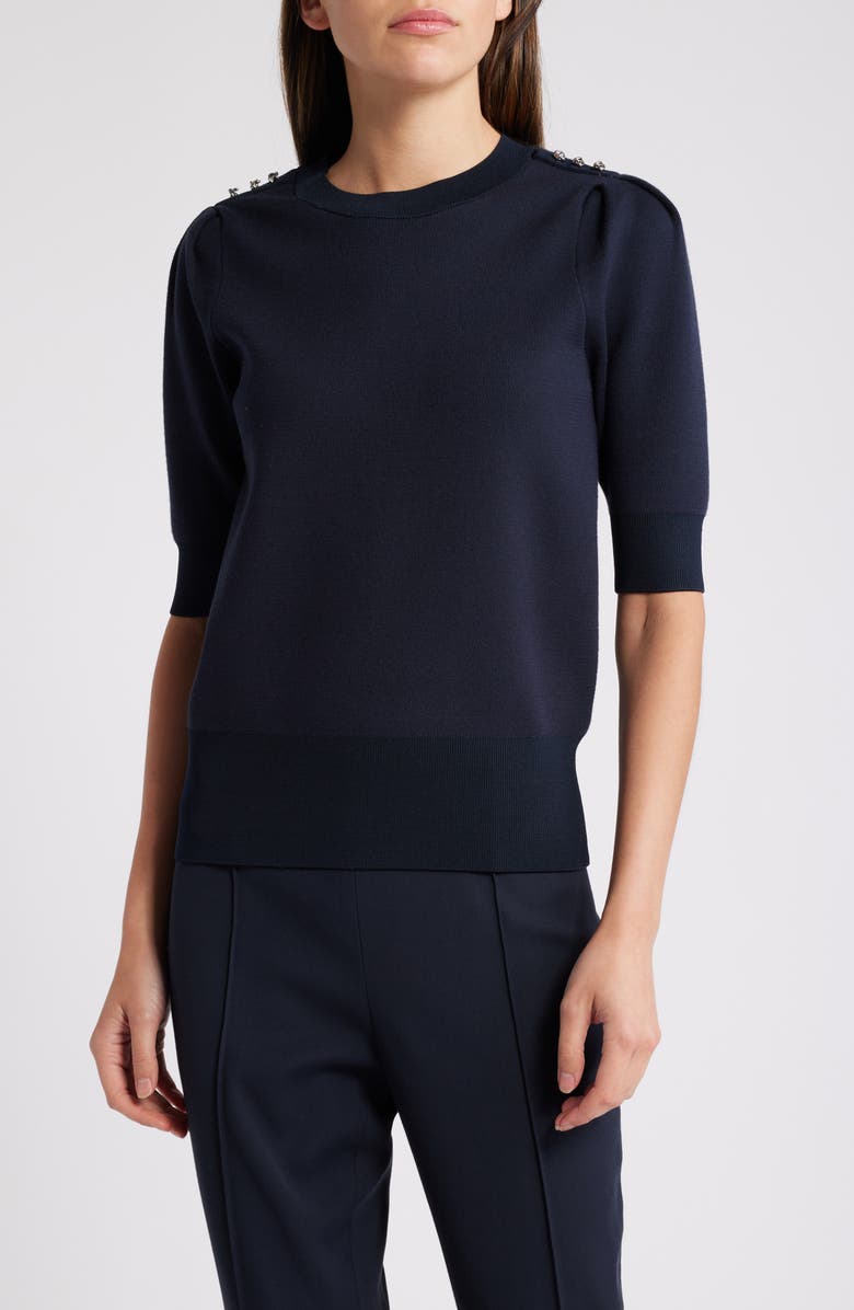 BOSS Fantilina Button Shoulder Short Sleeve Sweater, Main, color, Sky Captain