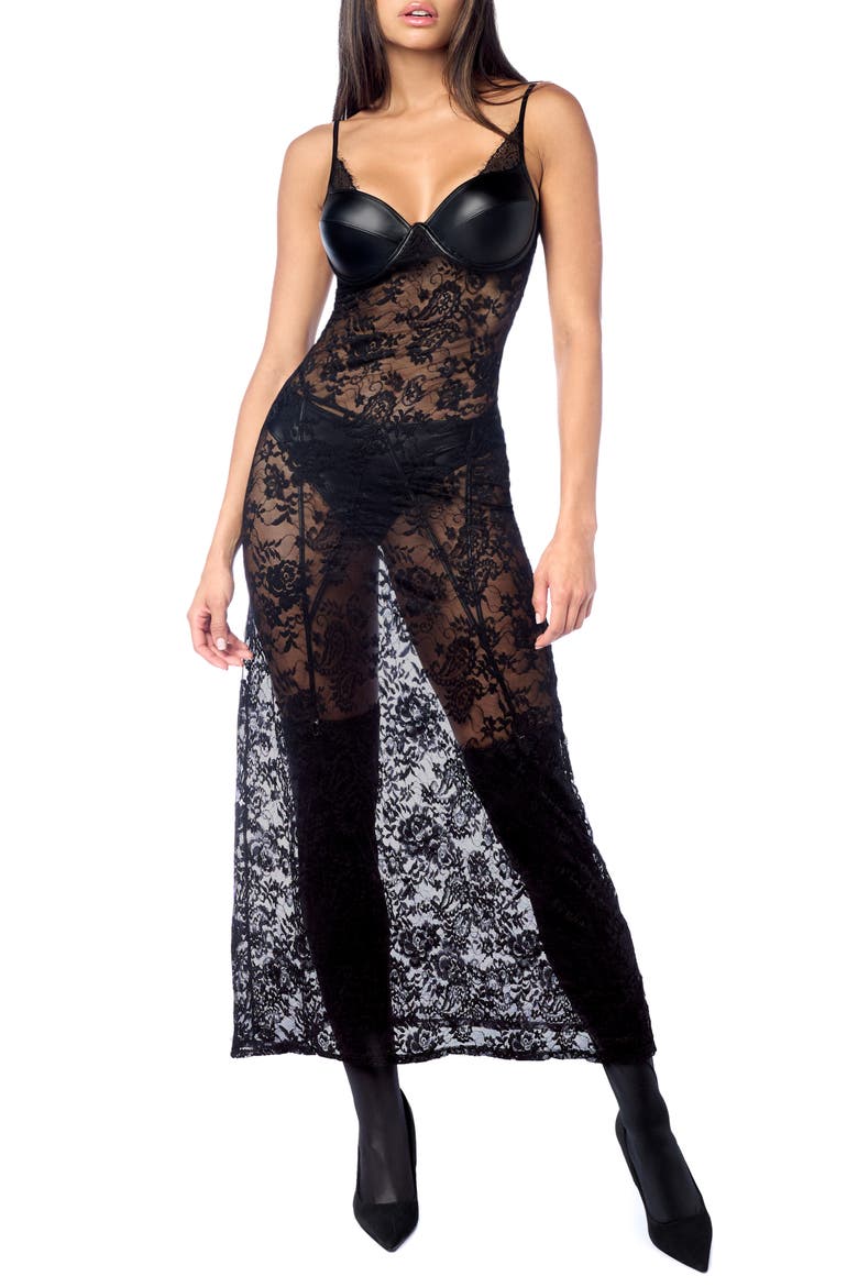 Long Lace Chemise & Panties Set, Main, color, BLACK