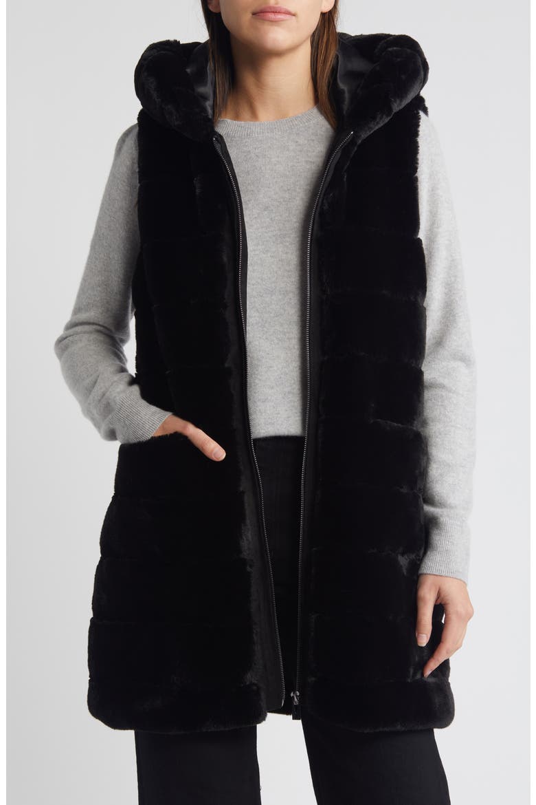 Quilted Faux Fur Hooded Vest, Alternate, color, BLACK