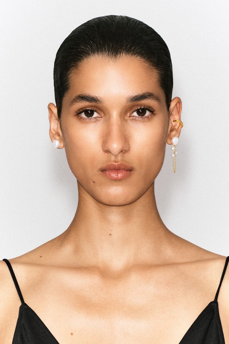 Asymmetric Freshwater Pearl Chain Cuff Earrings, Alternate, color, GOLD
